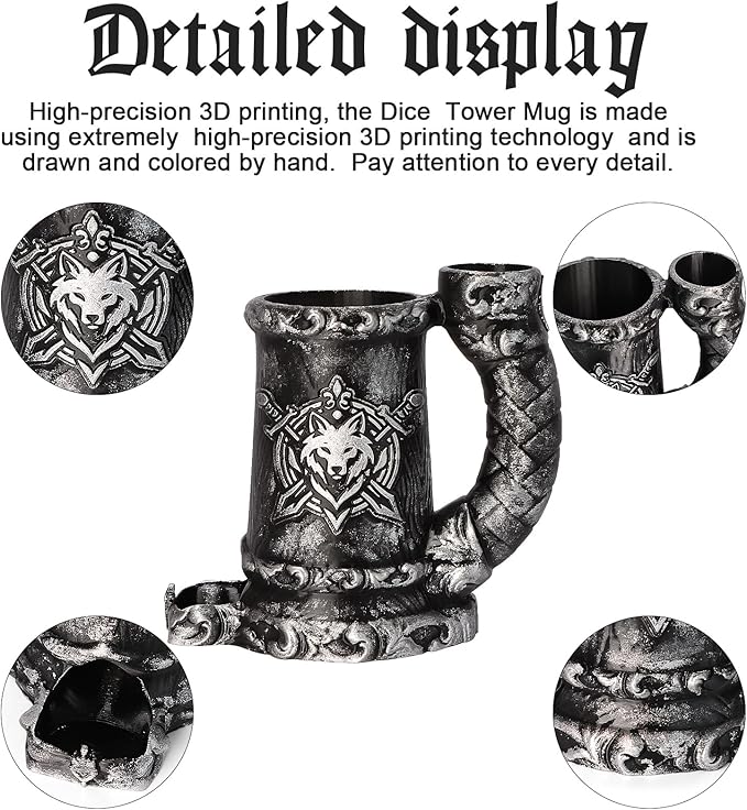 Mug Dice Tower - Dice Rolling Tower,(7PCS D20 Dice Set Included) for DND Gift and Dungeons and Dragon, Tabletop Games, Drink Holder, Tavern Style Board Game Roller (Black)