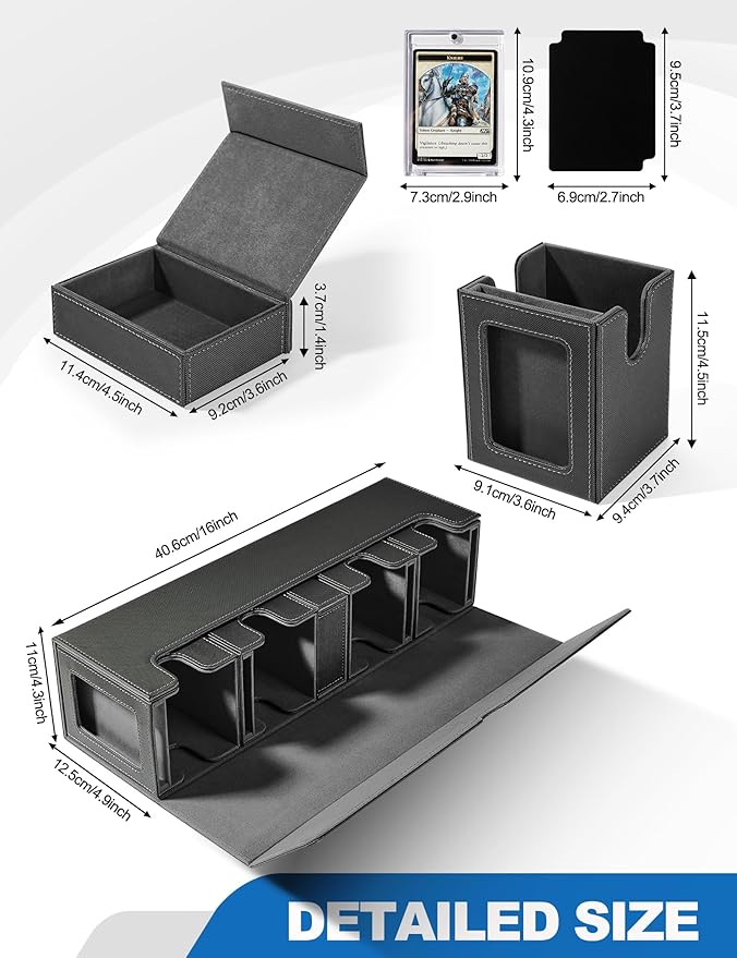 Card Deck Box for MTG with Commander Display, 5 in 1 Card Deck Case Holds 800+ Unsleeved Cards, Strong Magnet Organizer Compatible with Yugioh TCG Sports Cards (Black&Grey)