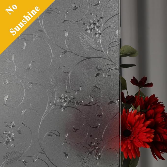 Mikomer Privacy Window Film Etched Flowers Static Cling Glass Door Film, Non Adhesive Heat Control Anti UV Window Cling for Office and Home Decoration,35 inches by 118 inches