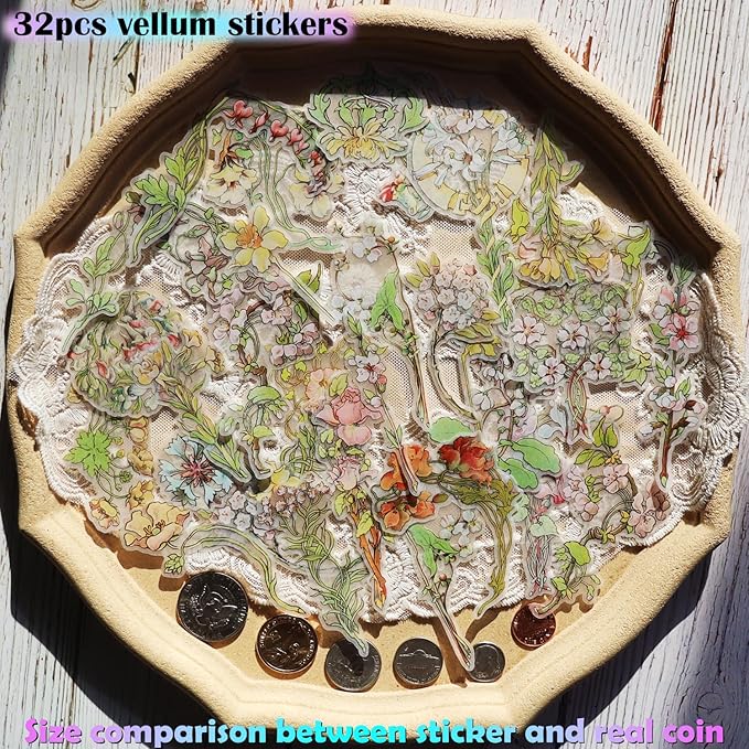 Vintage Vellum Stickers Floral Plants Elements Scrapbooking Supplies Flowers Botanic Natural Translucent Paper Self-Adhesive Junk-Journal Items (Retro Flowers)