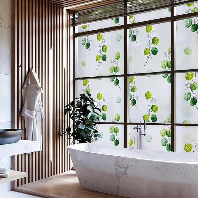 DKTIE Eucalyptus Leaves Stained Glass Window Film with Installation Tools, INS Style Window Privacy Film Decorative, Nordic Style for Home Decor (S541, 35.4'' x 118.1'')