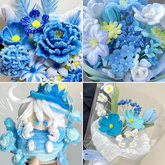 500 Pcs Pipe Cleaners Craft，5 Colors Pipe Cleaners Bulk,Chenille Stems Flowers Craft kit for DIY Handmade Bouquet Wrapping Party Decorations whit Ribbons，Stems,Tape，Stamens, Glue Sticks (Blue)