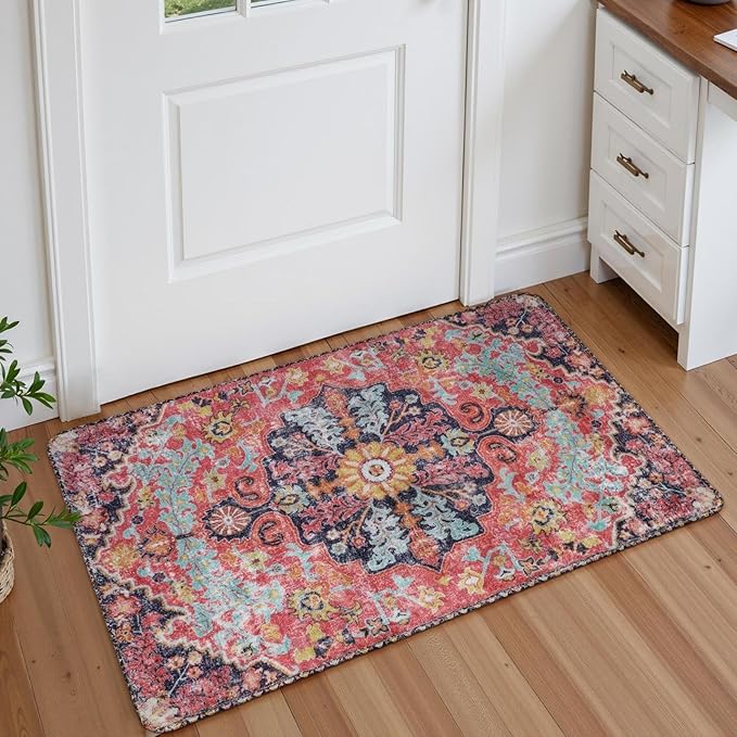 Lahome Bohemian Floral Medallion Area Rug - 2x3 Small Hot Pink Bath Rug Kitchen Sink Mat, Machine Washable Non-Slip Soft Indoor Carpet for Doormat Bedside Apartment Entrance, Fuchsia/Multi