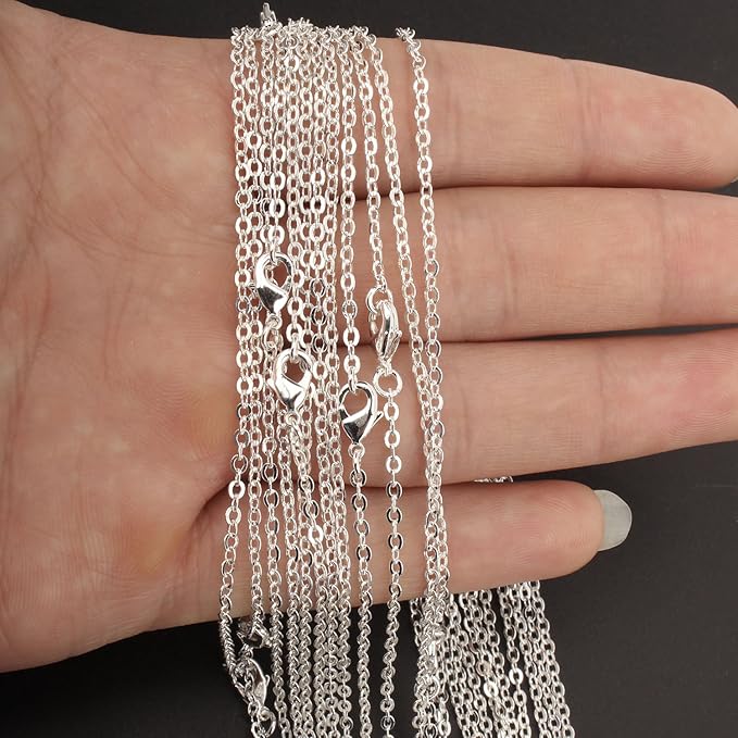 ALEXCRAFT Wholesale 12 PCS Silver Plated Brass Flat Cable Chains Bulk for DIY Jewelry Making (18 Inch(2mm))