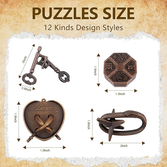 12Pcs Brain Teaser Puzzles for Adults and Teens, 3D Metal Puzzle Set with Various Difficulty Levels, IQ Logic Challenge Disentanglement Game, Fun Handheld Brain Teasers for Focus, Gifts for Boys Girls