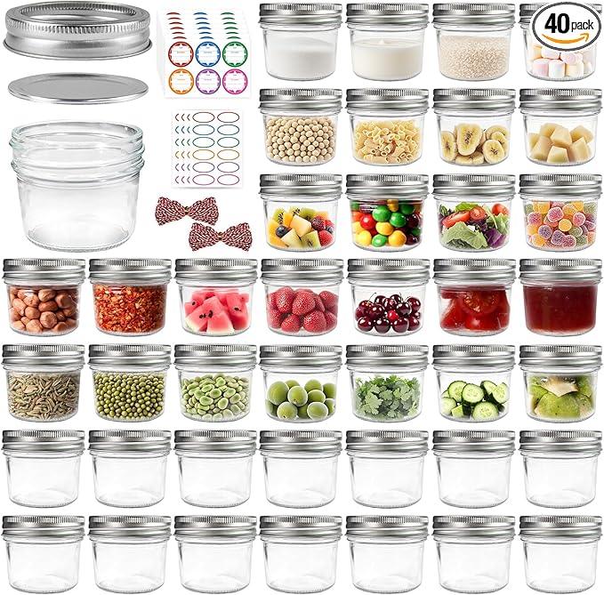 40 Pack Mason Jars 4 oz with Regular Lids and Bands, Mini Canning Jars, Small Glass Jars for Jam Jelly Honey Crafts Wedding Favors