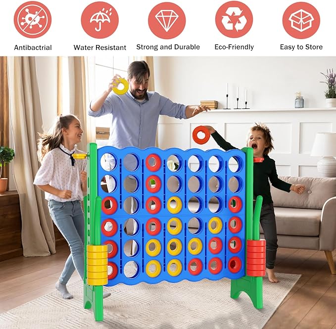 Jumbo 4 in a Row Game Set,4FT Giant Game Set with Carry Bag&44 Pieces Rings&Cup Holder,Indoor/Outdoor Yard Game for Kids & Adults-Fun Family&Party Game-Boosts Brain Power (Blue&Green)