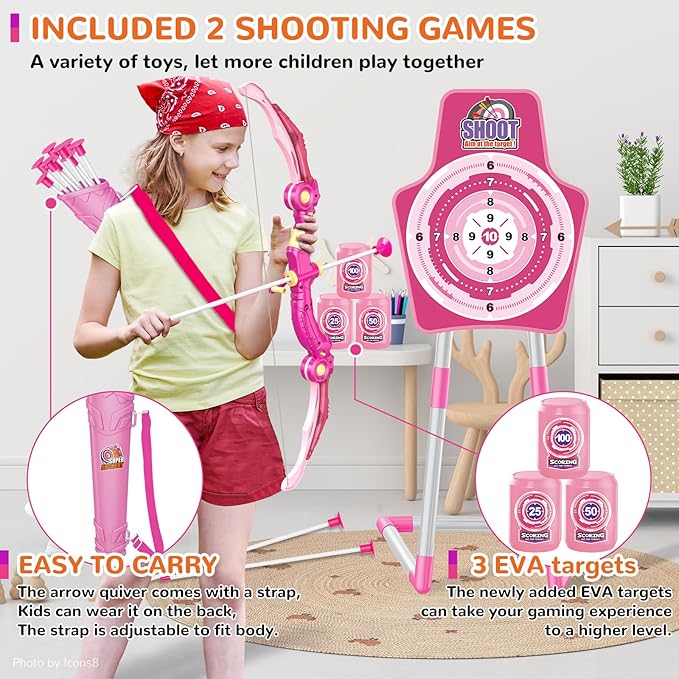 GMAOPHY 2 Pack Bow and Arrow Toy for 5 6 7 8 9 10 11 12 Year Old Boys, Birthday for Kids, Indoor Outdoor Sport Games Toys for Ages 4-8 8-12, LED Light Up Archery Set with 20 Toy Arrows (Pink)