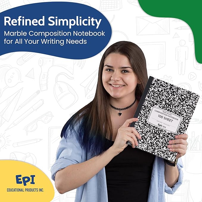 EPI Marble Hardcover Wide Ruled Composition Notebook | 200 Pages (100 Sheets), 9.75 x 7.5 in, Sturdy Sewn Binding | School, Office, Journaling, Notes - 4 Pack