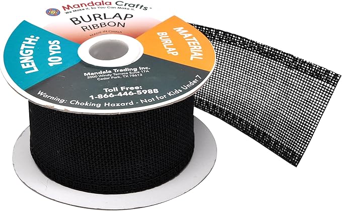 Mandala Crafts Black Burlap Ribbon 2 Inches Wide Jute Ribbons for Crafts - 20 Yds Roll Rustic Burlap Wrap Trim Ribbons for Wreaths Bows Wedding Party Decoration