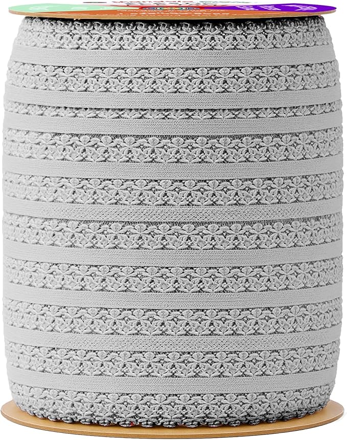 Mandala Crafts Gray Stretch Lace Soft Elastic Trim Roll - 55 Yards 1 Inch Wide Stretchy Frilly Picot Ribbon for Sewing Lingerie, Headbands, Underwear, and Crafts