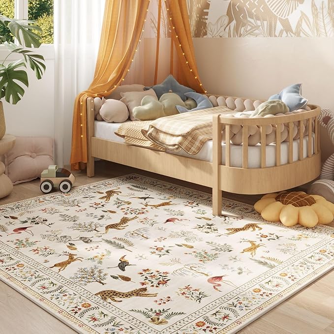 Rugcomf Living Room Rug 6x9 Rug Machine Washable Boho Area Rug Non Slip Floral Animal Vintage Low Pile Large Rug for Living Room, Bedroom, Farmhouse, Dining Room, Kids Playroom (Beige)
