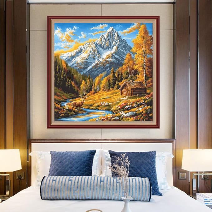 DMCXART Counted Cross Stitch Kits for Adults Needlepoint Kits Unprinted Cross Stitching Embroidery Kit 11CT Cross Stitch Supplies-Autumn Scenery Mountains Rivers 18x18 inch