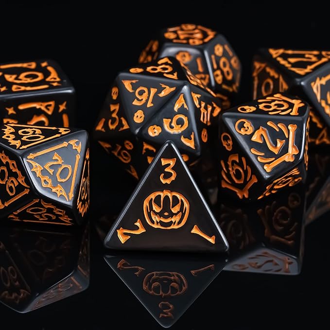 7-Die DND Dice Set Halloween Pattern Polyhedral Dice Set with Leather Bag, Skull Dice D&D Dice Set for RPG Table Games (Halloween Pattern-Black)