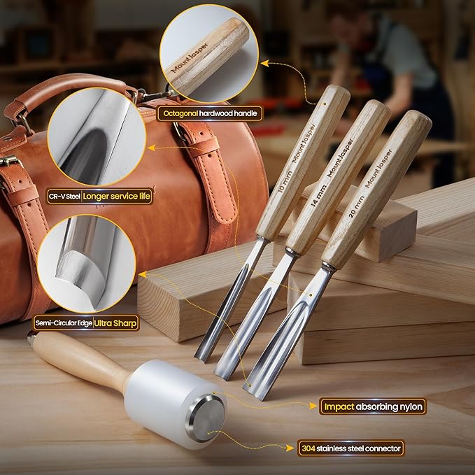 Wood Carving Tools, Wood Carving Kit of 12 Chisels, 1 Nylon Hammer & Leather Bag, CR-V Wood Chisel Set Whittling Kinves Kit, Carving Knife Set for Beginners, Carpenters
