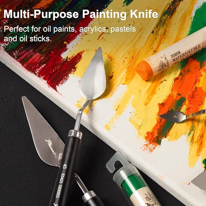 PHOENIX High Flexible Palette Knife Set, 5 Pieces Stainless Steel Painting Knives (33,34,45,46,52) Art Knife with Wood Handle, Paint Spatula for Oil Acrylic Paint - Painting Tools for Artists