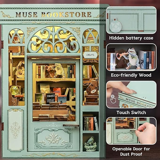 Fsolis Book Nook Kit - DIY Miniature House Kit 3D Puzzles for Adults Beginners Tiny House Mini Booknook Craft Bookshelf Decor, 281 Wooden Pieces, Gifts for Women Teenagers Book Lovers (Muse Bookstore)