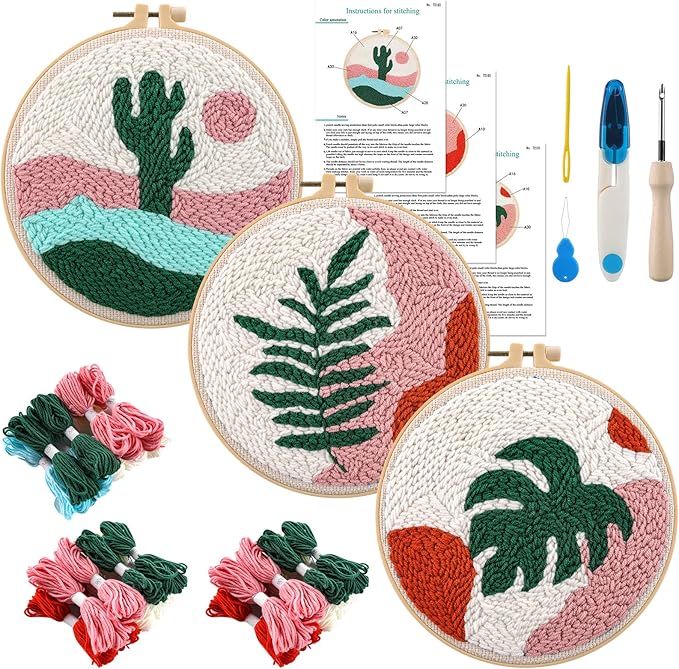 Anidaroel 3 Sets Punch Needle Kits - Beginner Adults Kit with Fabric, Hoops, Yarns and Sewing Needles