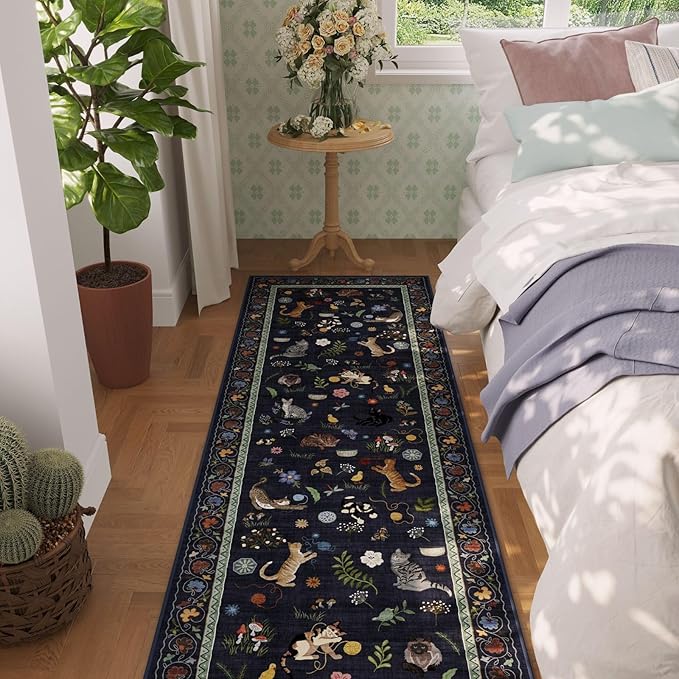 Rugcomf Runner Rug for Kitchen Non Slip 2'6''x8' Washable Rugs with Rubber Backing Soft Floral Animal Cat Carpet Runner for Kitchen Laundry Bedroom Bathroom, Cobalt Blue