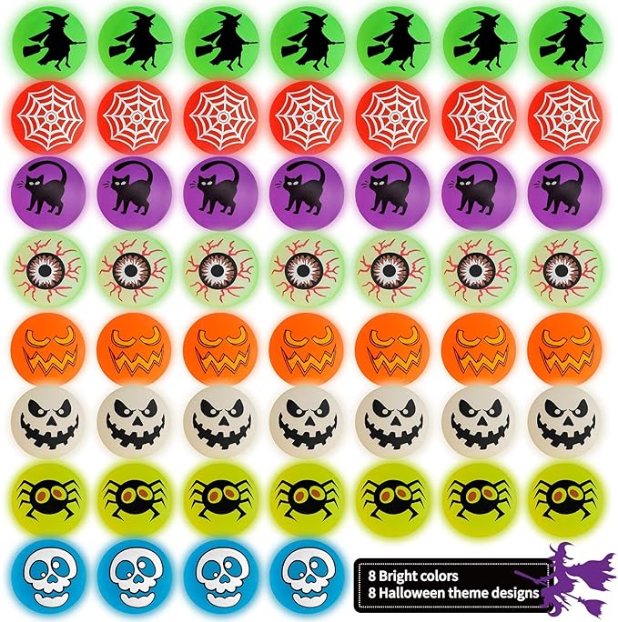 72 Glow in The Dark Bouncing Balls,Halloween Party Favors Supplies, 8 Halloween Theme Designs for School Classroom Game Rewards, Trick or Treating Goodie, Halloween Miniatures/Prizes(with pouch bag)