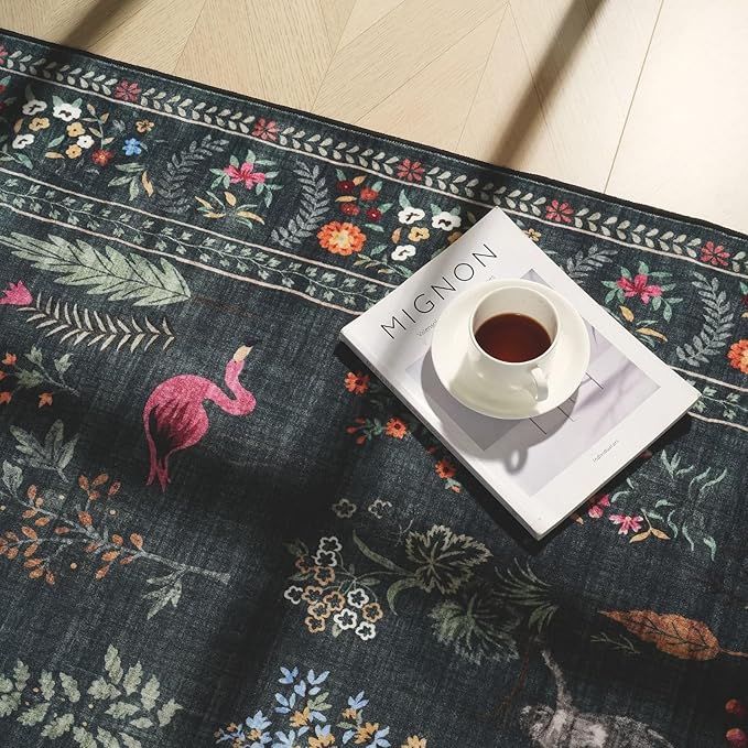 Rugcomf Area Rug 4x6 Rug Washable Boho Rugs Non Slip Low Pile Floral Animal Small Carpet for Bedroom, Bedside, Kids Room, Office, Dining Room (Green)