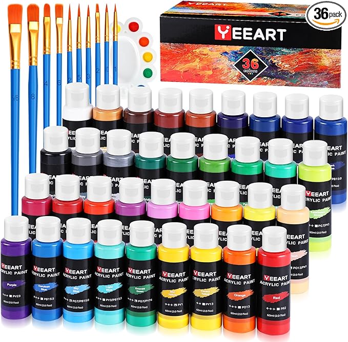 36 Colors Acrylic Paint Set, Yeeart Acrylic Paint, 2oz Bottles, Rich Pigmented Canvas Paint with Extra Metallic Color, Professional Craft Paint Kit, Premium Non-toxic Paints for Artists, Acrylic Paint Set for Kids & Adults, Art Supplies for Canvas Pain...