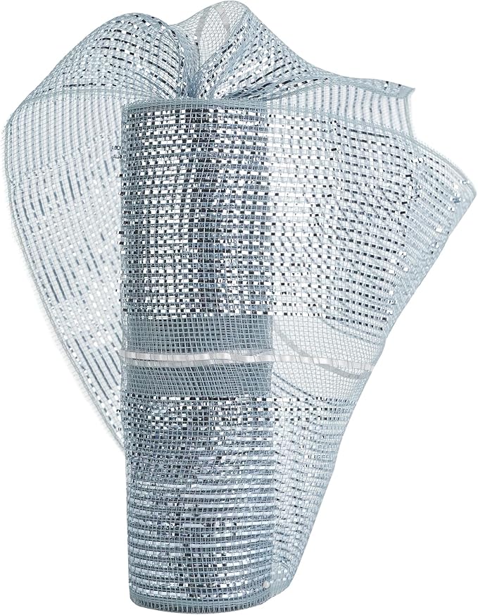 MEEDEE Silver Deco Mesh 10 Inch Deluxe Wide Foil Metallic Pull Up Decorative Ribbon for Christmas Tree, Wreaths, Garland, Gift Wrapping, Bows Making (30 Feet)