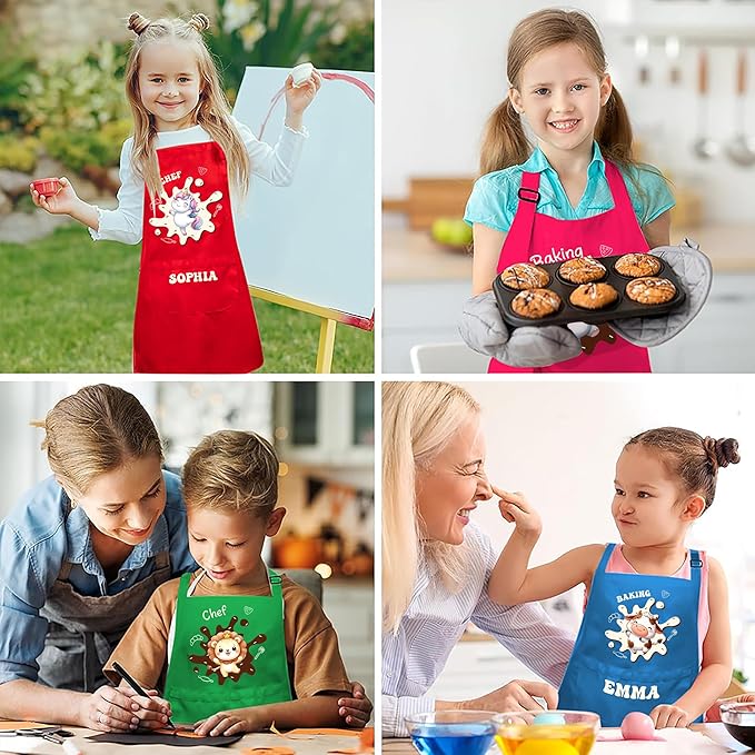 Personalized Kids Chef Hat and Apron, Custom Name Adjustable Cooking Apron for Cooking Baking Painting