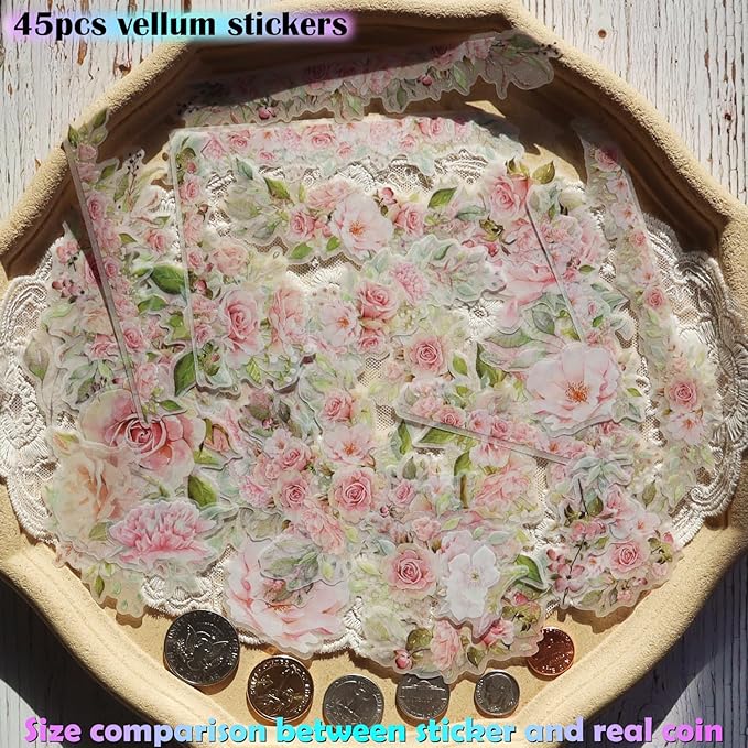 Vintage Vellum Stickers Floral Plants Elements Scrapbooking Supplies Flowers Botanic Natural Translucent Paper Self-Adhesive Junk-Journal Items (Rose)
