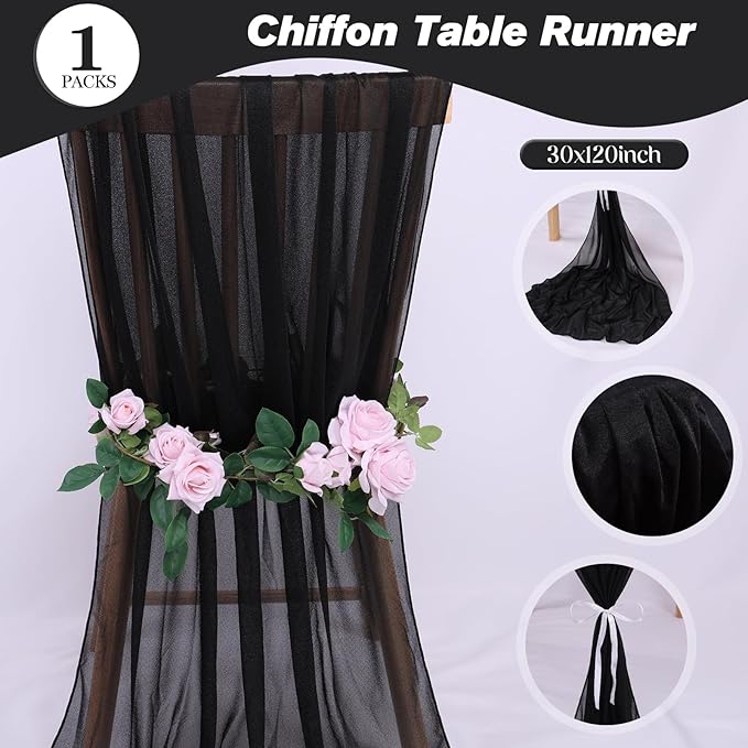 10ft Black Chiffon Table Runner 30 x 120 Inches Sheer Long Tulle Table Runner for Rustic Boho Wedding Birthday Party Decor Bridal Baby Shower Decorations