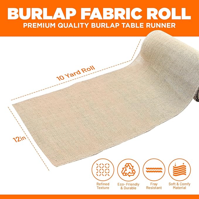 Burlap Table Runners- {12inx10yards}- Burlap Cloth Roll Used for Dining Runners, Crafts, Dresser Cover & Sackcloth - Natural Jute Runner Suitable for Event Decor, Thanksgiving Table & Weddings
