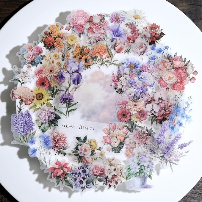 Vintage Vellum Stickers Floral Plants Elements Scrapbooking Supplies Flowers Botanic Natural Translucent Paper Self-Adhesive Junk-Journal Items (Blooming Flowers)