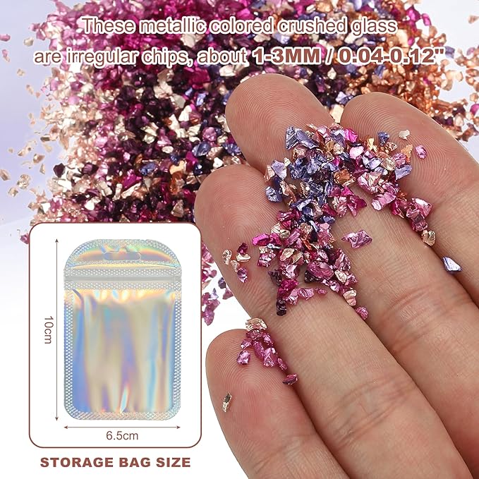uxcell 6 Colors Crushed Glass Chips, 1-3mm Irregular Glitter Metallic Glass Broken Glasses Pieces with Laser Bag for Craft DIY Vase Epoxy Halloween Decoration 33g, Pink Color Series