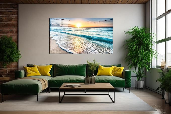 SpiritualHands Sea beach ocean white sand Tempered Glass Wall Art Painting for Living Room, Tempered Glass Modern Prints Decor, Large Vivid Color Panel for Bedroom, Kitchen, or Office