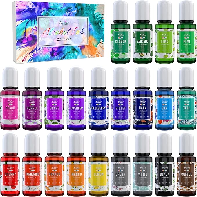Alcohol Ink Set - 22 Colors x 0.35oz Alcohol Based Ink for Epoxy Resin Painting, Resin Petri Dish Making - Concentrated Alcohol Paint Color Dye for Resin Art, Coaster, Yupo, Tumbler Making - 10ml Each