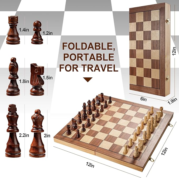 12 Inch Portable Travel Chess Set for Kids & Adults, Small Magnetic Wooden Chess Boards for Adults, Folding Chessboard Game for Kids