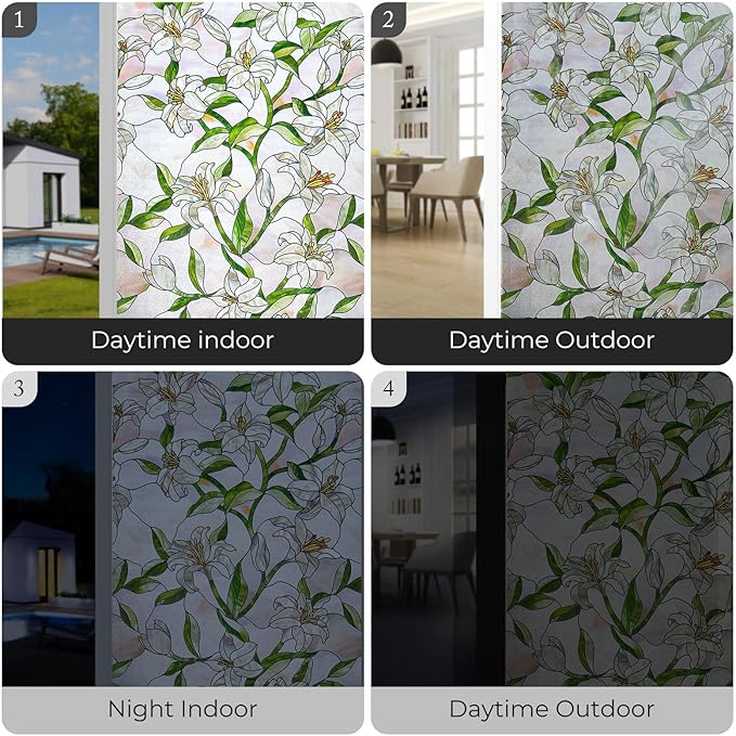 3D Stained Glass Window Film, Decorative Window Privacy Film for Bathroom, Front Door, Home, Sun Blocking Heat Control, Static Cling,White Lily 35.4inch x 78.7inch