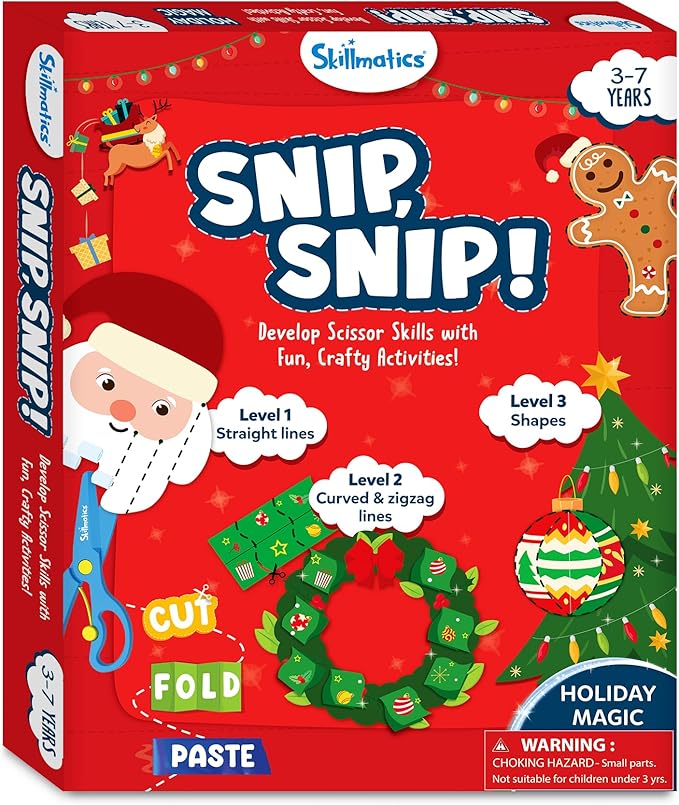Skillmatics Scissor Skills Activity Book - Snip Snip Christmas, 25 Fun Cutting & Creative Activities for Preschoolers, 2 Child-Safe Scissors, Felt Craft Kit, Gifts for Kids Ages 3, 4, 5, 6, 7