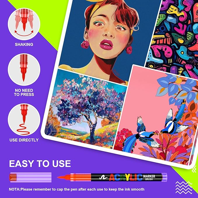 DICEKOO 168 Colors Acrylic Paint Markers, Soft Brush Tip Pens with Automatic Ink Control System, Waterproof, Quick-Drying, Lightfast, for Rock Painting, Canvas, Wood, Egg & DIY Crafts Art Supplies