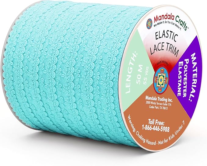 Mandala Crafts Aquamarine Stretch Lace Soft Elastic Trim Roll - 55 Yards 1 Inch Wide Stretchy Frilly Picot Ribbon for Sewing Lingerie, Headbands, Underwear, and Crafts