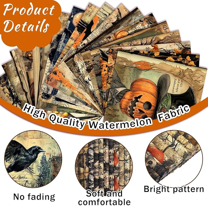 Ganeen 60 Pcs 10 x 10 Inch Vintage Halloween Quilting Fabric Squares Spooky Gothic Fabric Bundle Pumpkin Skull Black Cat Fat Patchwork Precut Stripe for Holiday Handmade Material Sewing DIY Craft