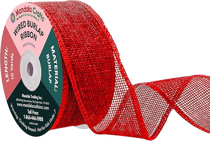 Mandala Crafts Red Burlap Wired Ribbon 1.5 Inches Wide Jute Ribbons for Crafts - 10 Yds Roll Rustic Burlap Wrap Trim Ribbons for Wreaths Bows Party Decoration