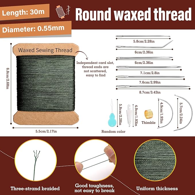 Repair Sewing Kit, Upholstery Needle and Thread Kit with 32 Yard Waxed Thread and 8 Pcs Heavy Duty Leather Needles for Hand Stitching, Canvas & Quilting - 0.55mm Round Waxed Green