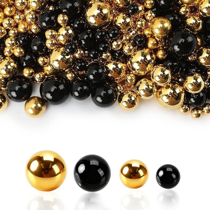 Pearl Beads No Hole Pearls for Crafting 180 Pcs Fake Pearls Faux Pearls for DIY Crafts Jewelry Making Vase Filler Floating Candle Wedding Birthday Party Home Decorations (Black & Gold, 8/10/14/20mm)