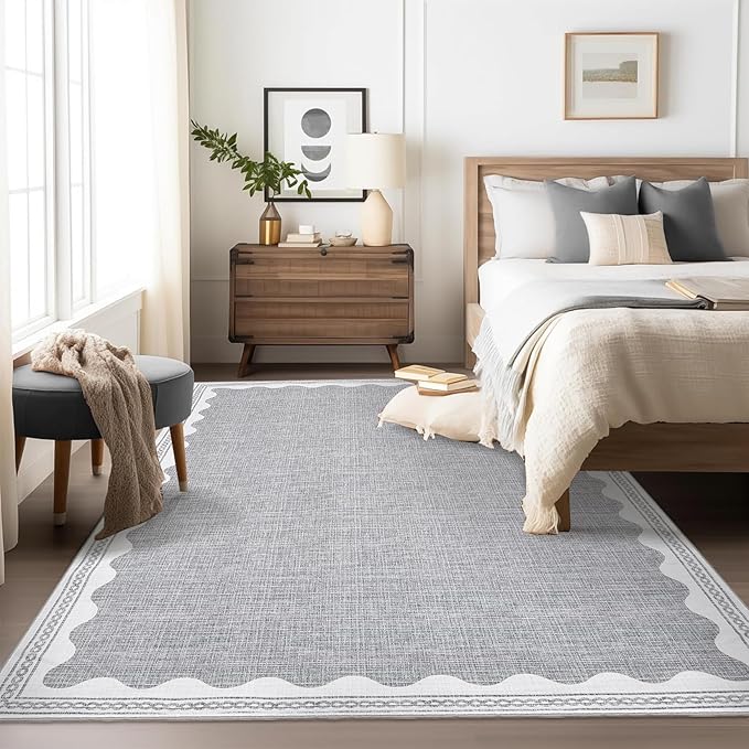 Scalloped Washable Rugs for Living Room, Solid Grey 6x9 Area Rugs for Bedroom Girls, Non Slip Scalloped Rug with Rubber Back, Soft Dorm Nursery 6x9 Rugs for Dining Room