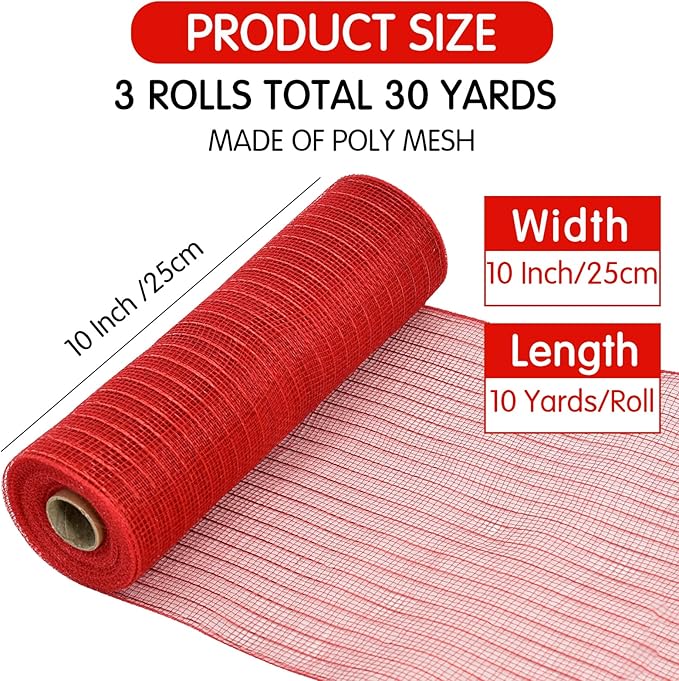 TONIFUL 3 Roll 10 Inch Red White and Green Decorative Mesh Ribbon Rolls, Fabric Mesh with Foil for Wreaths Front Door Decor Christmas Festival Party Accessories Party Decoration Supplies (10yds/roll