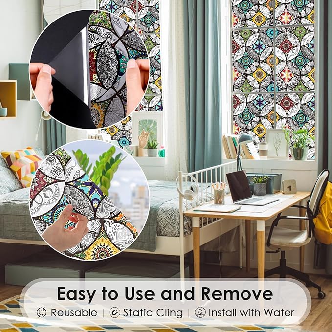 DKTIE Boho Chic Window Privacy Film with Installation Tools - Soften Light, Reduce UV Rays, Decorative Stained Glass Window Tinting Film for Home, 17.7 x 78.7 Inch