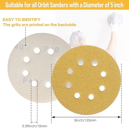 100PCS 5 Inch 8 Hole Sanding Discs 320 Grit,Gold Round Hook and Loop Sandpaper for Random Orbital Sander