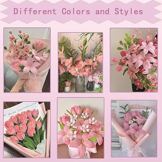 Pipe Cleaners Craft, 400pcs Pipe Cleaners with Flower Stems, Floral Tape, Ribbon, for Flower Bouquet DIY-Pink
