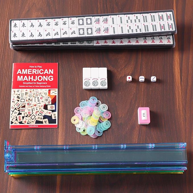 ZGME American Mahjong Set,166 White Tiles with Black Rectangular Bag and Accessories,4 All-in-One Mahjong Racks with Pushers,Complete Western Mahjong Set